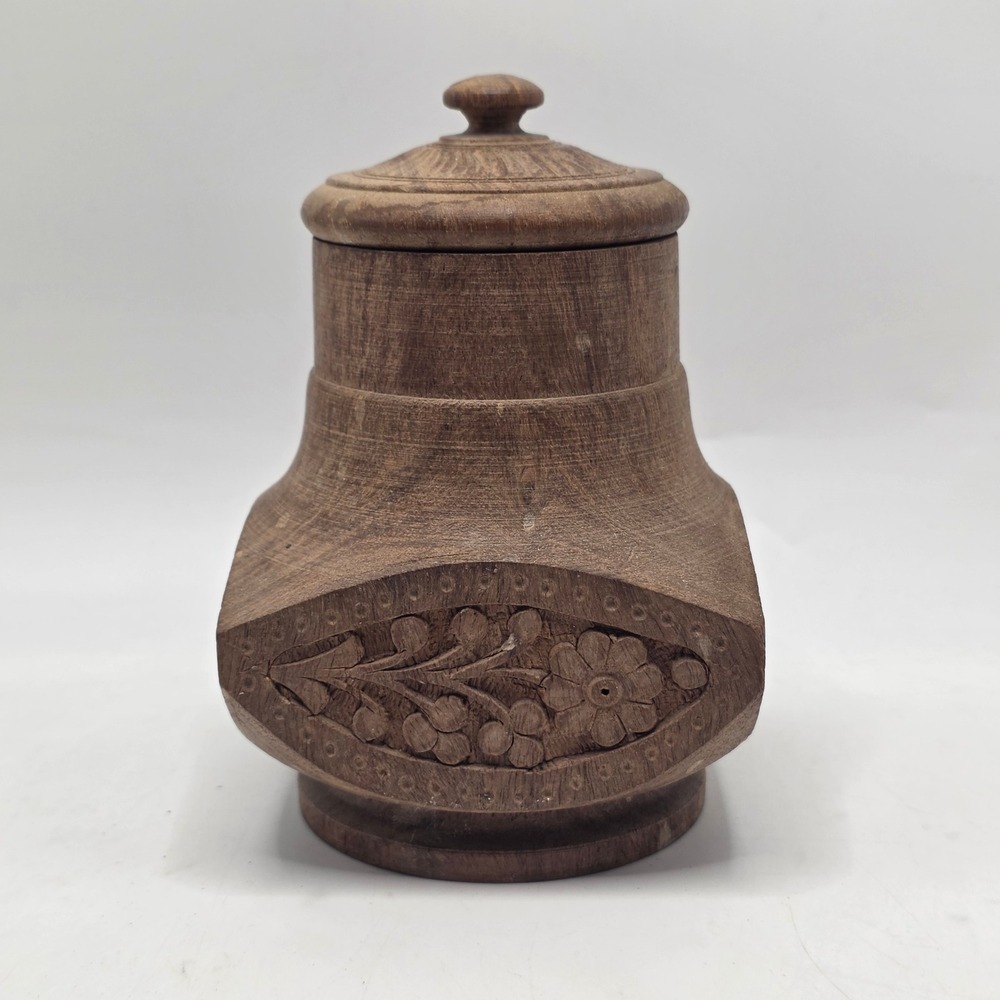 India Hand Carved Wood Trinket Box Floral Relief Lid Small Jewelry Jar Rustic